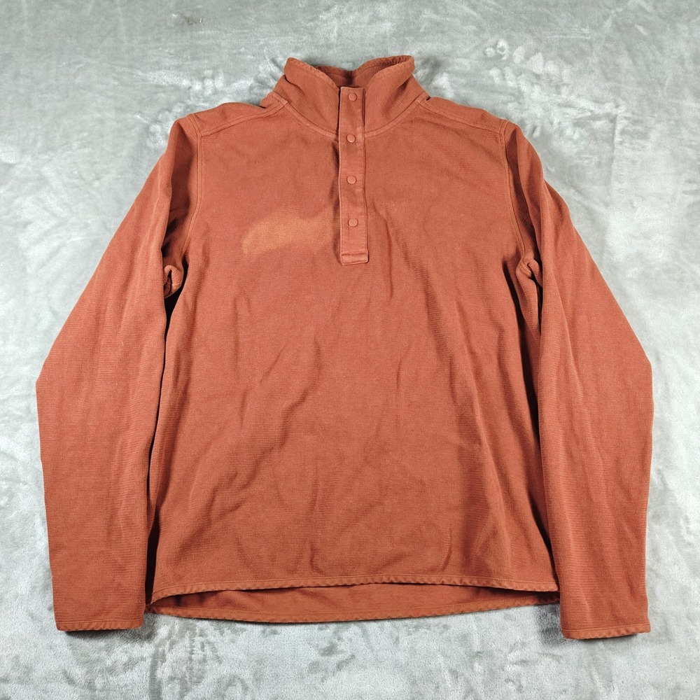 REI Sweatshirt Mens Large Orange Waffle Knit Quarter Snap Long Sleeve Pullover